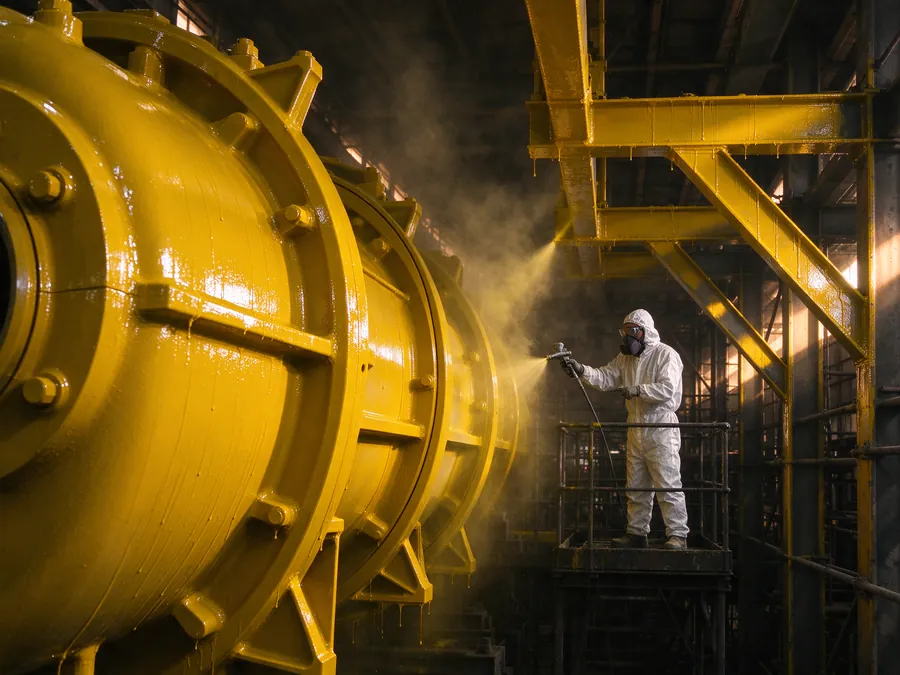 Estructura de acero y pieza de maquinaria pintadas con esmalte industrial amarillo